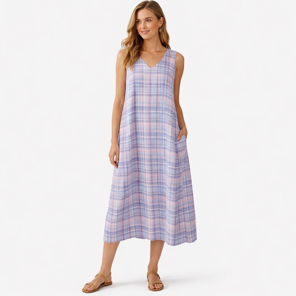 J Jill M Dress Womens Blue Pink Plaid 100% Linen Maxi Beach Coastal Preppy